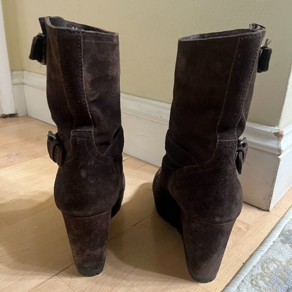 Prada Brown Suede Platform Wedge Buckle Ankle/Calf Boots - Sz39 (8.5) - Picture 4 of 12